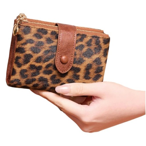 Damefoldbar pung 13 x 9 x 3 cm Opbevaringsplads til kort og kontanter Kunstlæder Leopardmønster Stilfuldt tilbehør