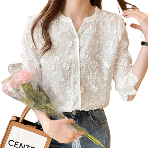 Damehvid bluse V-udskæring Trekvartærmer Blomsterkant Elegant bluse i polyester og bomuld