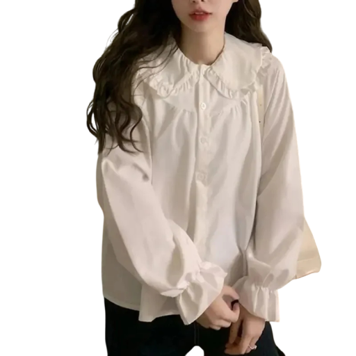 Damehvid elegant skjorte med lange ærmer og flæser Stilfuld bluse med krave Knaplukning Let polyester materiale