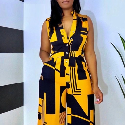 Damejumpsuit med geometrisk mønster
