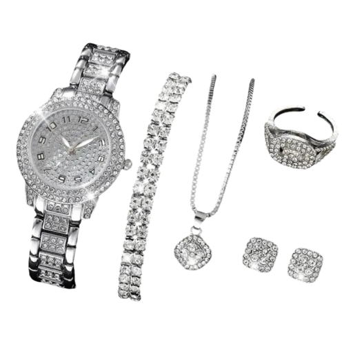 Damen-Armbanduhr und Schmuckset aus Metalllegierung mit Kristallen, Halskette, Ohrringen, Ring und Armband, elegantes Accessoire, Geschenk