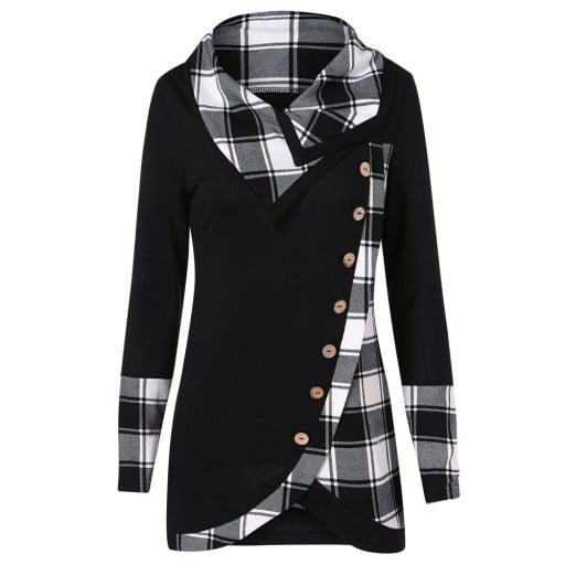 Damen asymmetrisches Sweatshirt mit kariertem Kragen und Bündchen Schräg überlappender Vorderteil mit Knöpfen Abgerundeter Saum Lange Ärmel