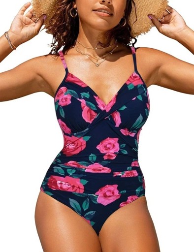 Damen Badeanzug, Dunkelblau mit rosa Blumenmuster, Criss-Cross-Ausschnitt, Shaping-Effekt, Raffung, verstellbare Träger