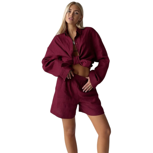 Damen Baumwollset Bluse und Shorts Lockere Oversize Passform Lange Ärmel Hemdkragen und Knöpfe Elastischer Bund Für den Sommer und die Freizeit
