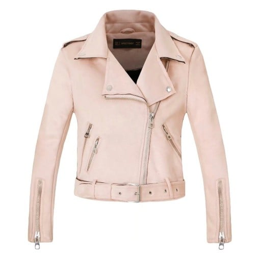 Damen Bikerjacke aus Kunstleder mit Wildleder-Optik Kurze Jacke mit Gürtel und metallischer Schnalle Schräger Reißverschluss Schulterklappen