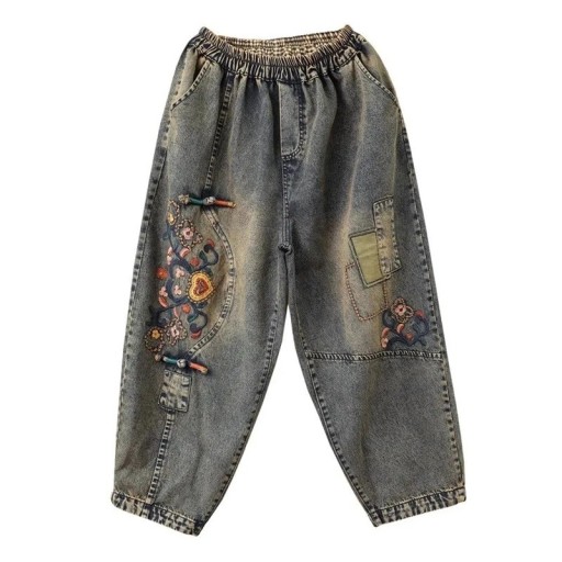 Damen blaue Retro-Jeans mit farbiger Stickerei und Applikationen im used Look, weitem Schnitt, elastischem Bund und umgeschlagenen Beinabschlüssen