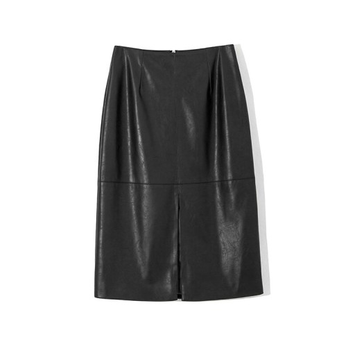 Damen Bleistiftrock aus Kunstleder und Polyester Mittiger Schlitz Metallreißverschluss Horizontale Teilungsnaht Glänzende Oberfläche