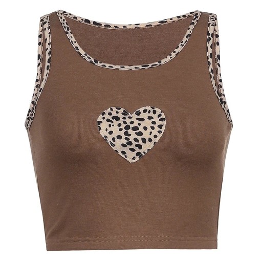 Damen Crop Top Tanktop braun mit Leopardenbesatz Herz Ausschnitt Rund breite Träger stylisches Tanktop Polyester Spandex