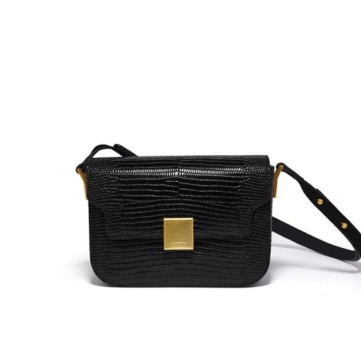 Damen Crossbody Tasche aus echtem Leder mit Klappe Schlangenledermuster Goldene dekorative Schnalle Fester Form 20,5 x 15 x 7 cm