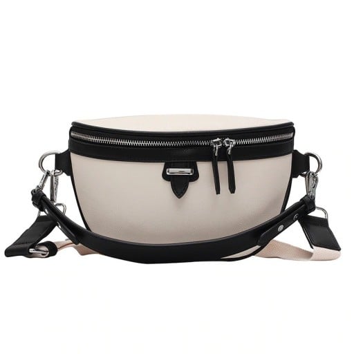 Damen Crossbody Tasche in Form einer Bauchtasche mit kontrastierender Einfassung Reißverschluss mit zwei Zippern Breiter Gurt aus PU-Leder