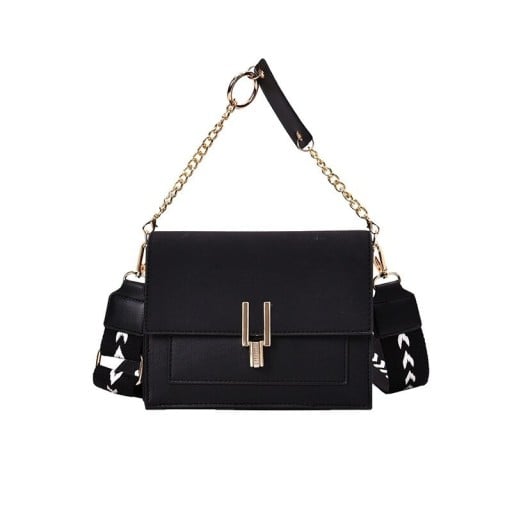Damen Crossbody Tasche mit Klappe und Kettengriff Breiter gemusterter Riemen Goldfarbene Verschluss PU-Leder und Polyester 19 x 16 x 9 cm