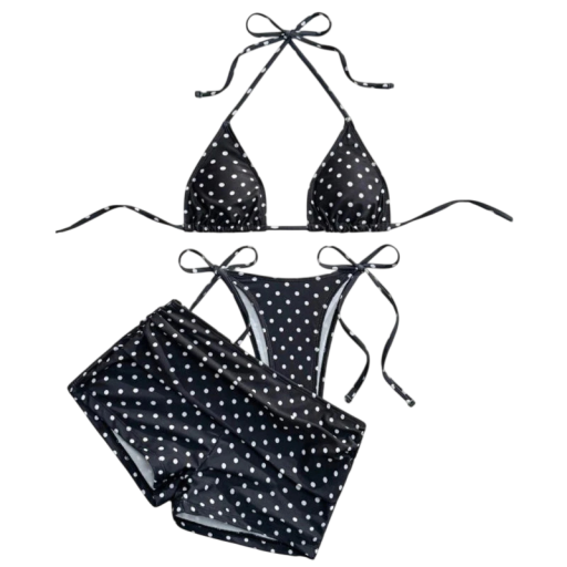 Damen dreiteilige gepunktete Bikini mit Bindeband, Triangel-BH, Höschen und Badehose für Strand und Urlaub