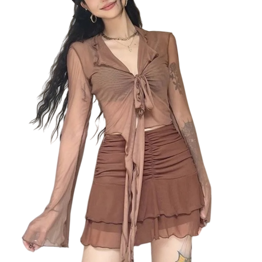 Damen Durchsichtiges Crop Top mit langen Ärmeln und V-Ausschnitt, elegantes Mesh-Top zum Binden, Taillenbluse für den Sommer