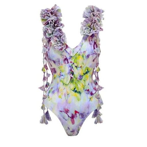 Damen Einteiler Badeanzug Breite Träger V-Ausschnitt Blumenmuster mit Fransen Polyester Spandex Stilvolle Strand- und Schwimmbad-Badebekleidung für den Sommer
