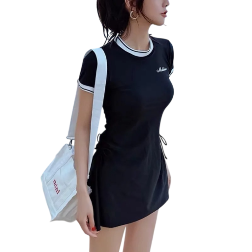 Damen Einteiler Badeanzug Schwarz Rockiger Unterteil Kurze Ärmel Rundhalsausschnitt Polyester Elegante Badeanzüge für Meer und Pool