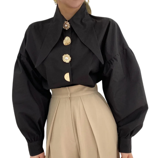 Damen elegante Bluse mit Ballonärmel, großem spitzen Kragen und dekorativen Knöpfen in verschiedenen Formen mit schmalem Manschette