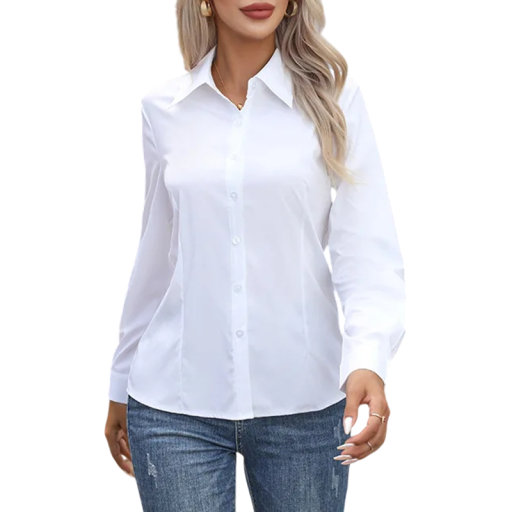 Damen elegante einfarbige Bluse mit langen Ärmeln in taillierter Passform mit formenden Abnähern, klassischem Kragen und Knopfmanschette