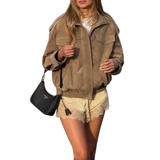 Damen elegante Wildlederjacke mit Stehkragen und Reißverschluss sowie Fronttaschen und langen Ärmeln für die Freizeit in der Stadt und für den täglichen Gebrauch