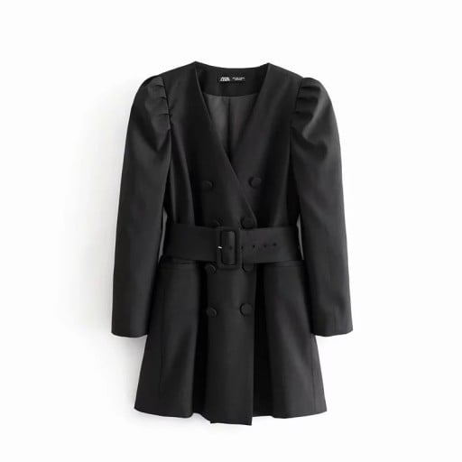 Damen elegantes schwarzes Sakko-Kleid mit Gürtel Doppelreihe Knopfschluss V-Ausschnitt Leicht geraffte lange Ärmel Polyester und Baumwolle