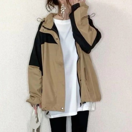 Damen Frühlingsjacke mit Kapuze Lockere Oversize Passform Farblich geteilte Einsätze Reißverschluss und Druckknöpfe Verstellbarer Saum