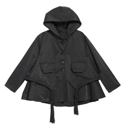 Damen Frühlingsjacke mit Kapuze Schwarz Lockere A-Linien-Schnitt Knopfverschluss Taschen mit Klappen Kordelzug mit Quasten Volantabschluss Polyester