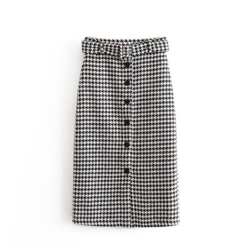 Damen gerader Midi-Rock mit Hahnentrittmuster Schwarz-Weiß Reihe dekorativer Knöpfe vorne Breiter Gürtel in der Taille Schlitz Polyester