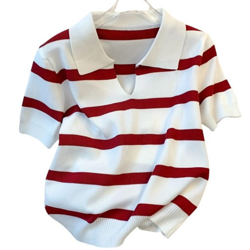 Damen gestreifter Crop-Pullover mit Kragen und kurzen Ärmeln Eleganter Top aus Polyester in universeller Größe Modischer gestreifter Design