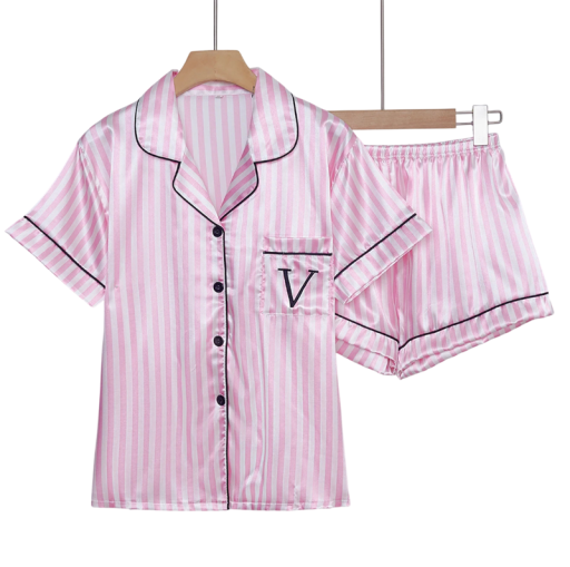 Damen gestreiftes Pyjama mit kurzen Ärmeln und Shorts Hemd mit Knöpfen und bestickter Tasche in verschiedenen Farben Polyester Elasthan Bequemer Schlaf