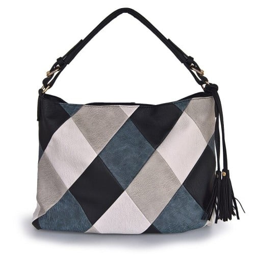 Damen große Umhängetasche mit Patchwork-Muster Rhombusförmige Teile Dekorative Quasten Kunstleder und Polyester 38 x 30 x 13 cm