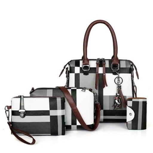 Damen Handtaschen Set 4-teilig mit Karomuster Handtasche Umhängetasche Clutch und Kartenhülle aus Kunstleder