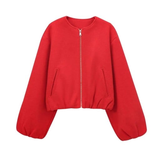 Damen Herbstjacke mit Reißverschluss Lockere Passform Lange Rüschenärmel Fronttaschen Schlichter urbaner Stil Eleganter Mantel für kaltes