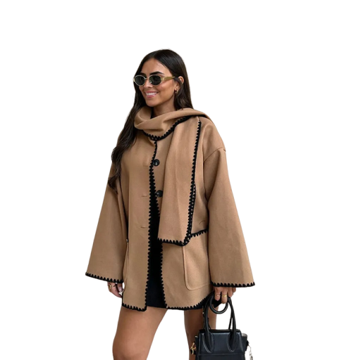 Damen-Herbstmantel mit Schal und schwarzem Besatz