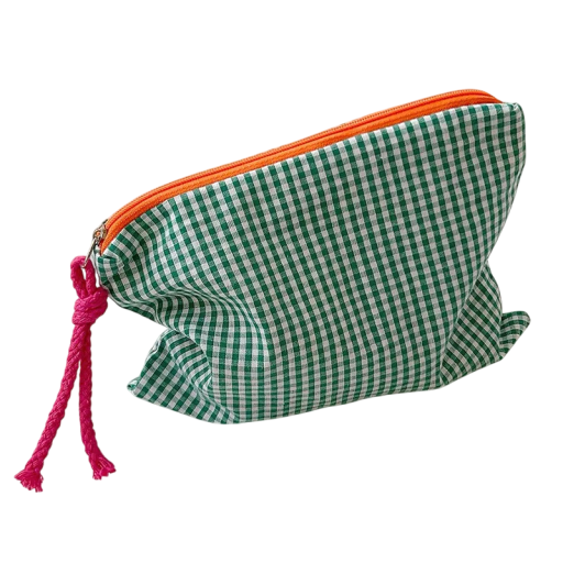 Damen Karierte Kosmetiktasche 21 x 17 cm Baumwoll- und Leinen Reise-Clutch für Make-up Großzügige Aufbewahrungstasche mit Reißverschluss