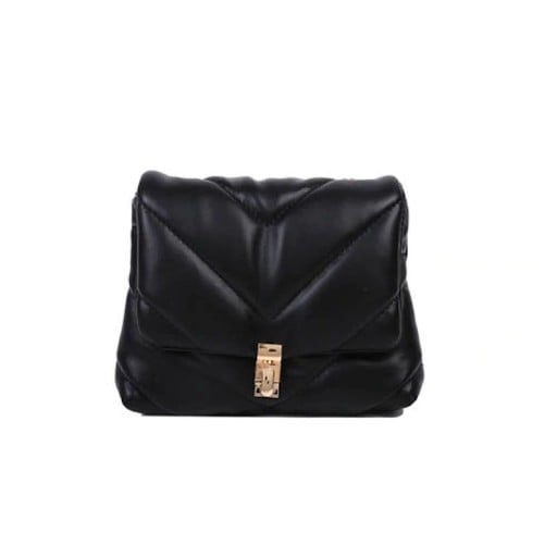 Damen kleine Crossbody Tasche mit V-förmiger Steppung Weich gepolsterte Klappe Goldener Metallverschluss PU Leder 18 x 14 x 5 cm