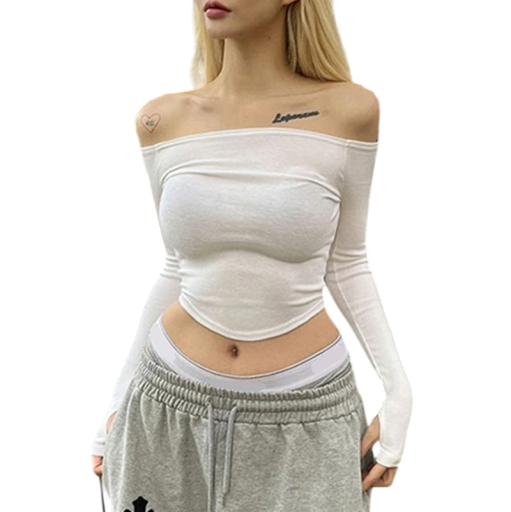 Damen Langarm Top Schulterfrei Elastisches Crop Top Slim Fit T-Shirt Elegant Casual Taille Slim Top