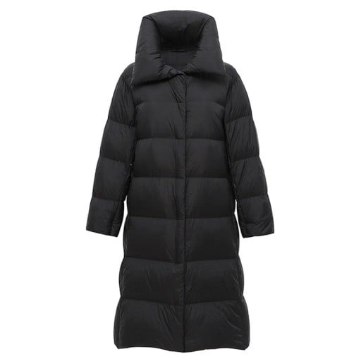 Damen lange Winterdaunenjacke mit hohem Kragen Gestepptes Jacket mit Entenfedern Verdeckter Verschluss Polyesterfutter