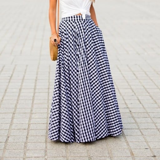 Damen langer Rock mit feinem karierten Muster und hohem Bund Weiter geraffter Schnitt mit Taschen Maxi Länge bis zu den Knöcheln Polyester
