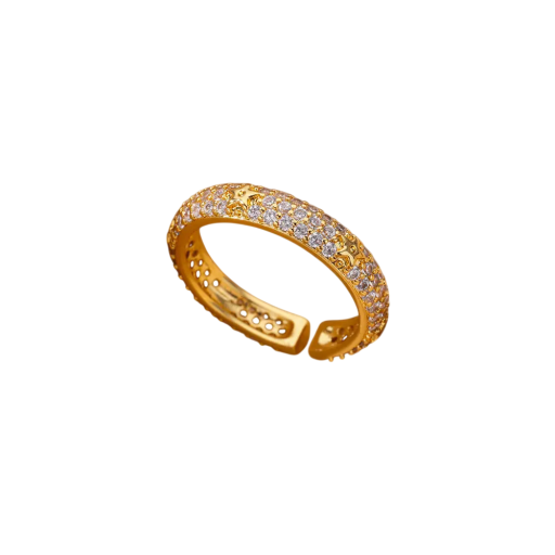 Damen offener Ring verstellbare Größe Zirkon Mini Sterne gravierte Steine Goldfarbe Zarter eleganter Schmuck