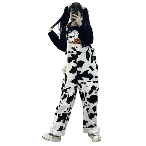 Damen Overall weiß mit schwarzen Punkten Kuhmotiv Aufschrift dont talk to strangers Taschen Rundhalsausschnitt Lange Hosen Top