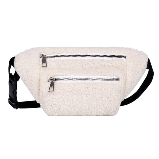 Damen Plüsch Bauchtasche 28 x 15 x 4 cm Weiche lockige Oberfläche Zwei Reißverschlusstaschen Silberne Schieber Gurt mit Schnalle Tragen