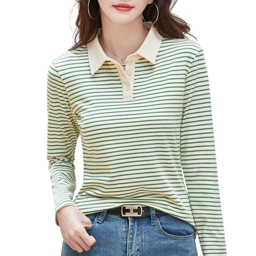 Damen Poloshirt Langarm V-Ausschnitt Kragen Knöpfe Gestreift Baumwolle Bequem Elegant Casual Top Sommer Frühling