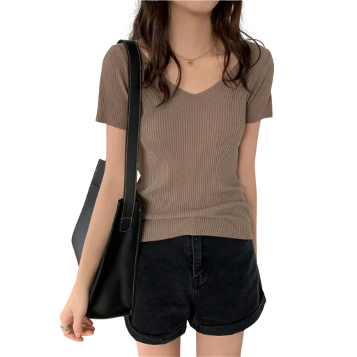 Damen Pullover T-Shirt aus Acryl mit kurzen Ärmeln und V-Ausschnitt Einfarbig elegantes gestricktes T-Shirt Universelle Größe für Sommer und Herbst