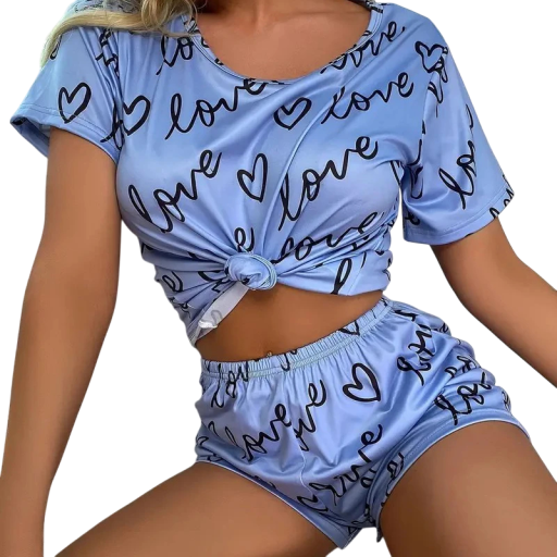 Damen-Pyjama in blauer Farbe mit Herzchenmuster und Aufschriften Love T-Shirt mit kurzen Ärmeln und Shorts aus Polyester und Spandex Bequemer Schlaf