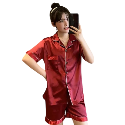 Damen Pyjama Set T-Shirt und Shorts Knopfverschluss Tasche Kragen Einfarbig Bequemes Material Polyester Spandex