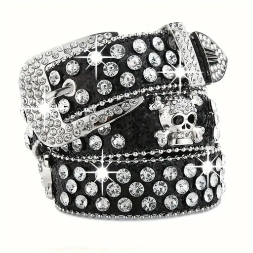 Damen Rockgürtel mit Totenkopf und Edelsteinen PU Leder 110 cm Stylischer Gürtel mit Metalltotenkopf Glänzende Steine Modeaccessoire Punk Goth