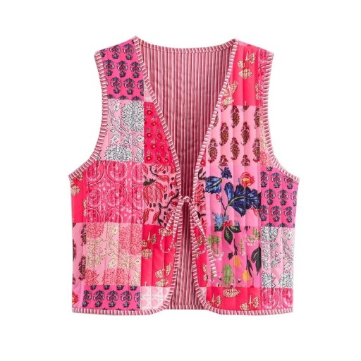 Damen rosa-rotes Weste mit Mustern und V-Ausschnitt Stylische Weste mit Bindeband Leichte elegante Weste aus Polyester für moderne Outfits