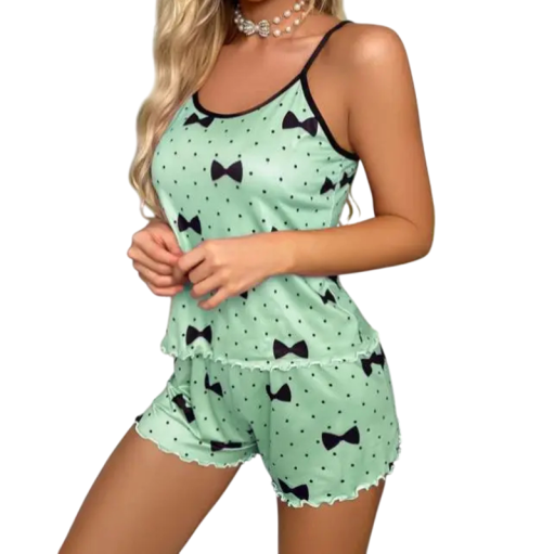 Damen Satin Pyjama mit Schleifen Einfarbiges Top und Shorts aus Polyester Leichter Sommeranzug für einen bequemen Schlaf