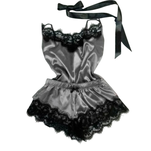 Damen Satin Pyjama mit Spitzenrand Top mit V-Ausschnitt und Shorts Einfarbiges elegantes Set aus Polyester Verschiedene Farben