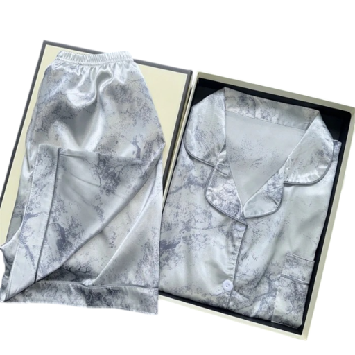 Damen Satin Pyjama Set mit Bluse und Shorts 2-teilig Bluse mit Knopfleiste und Reverskragen Einfassung Polyester Schlafanzug für zu Hause