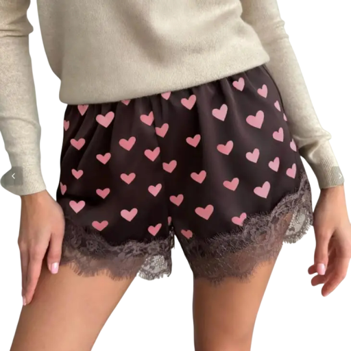 Damen Satin Schlafshorts mit Herzmuster, Spitzenrand und elastischem Bund für den Sommer zum Schlafen und Zuhause
